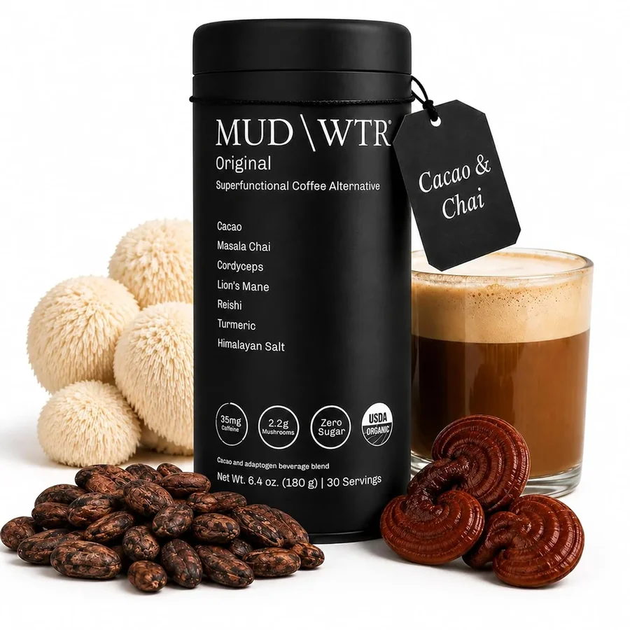 The MUD WTR Original tin with cacao and a prepared latte.