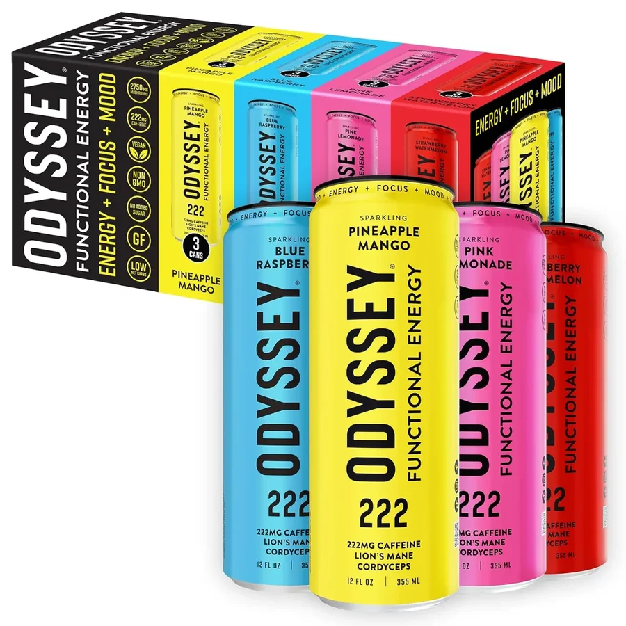 Odyssey 222 sparkling energy drink cans and cartons.