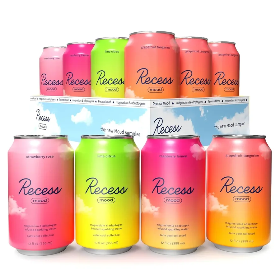 Recess Mood sparkling water cans in the brand&rsquo;s flavour lineup.